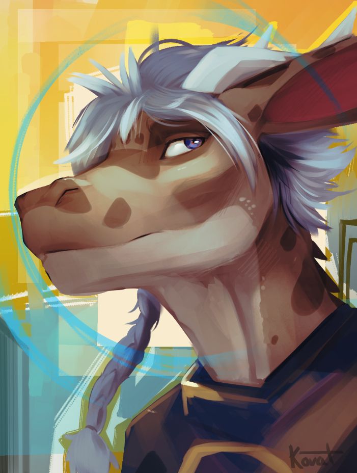 Picket, a leopard shark dragon with light blue hair in a braid, looks to the right side in a portrait image. Stylized after Disco Elysium's aesthetic.
