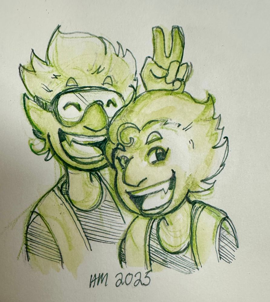 Two green spiky-haired somewhat-birdlike cartoon people grinning at the viewer. The one on the left is Giko. He’s wearing goggles and giving the bunny ears to his friend on the right, Matterly. She has no goggles, slightly longer eyelashes, and a curly cowlick in her bangs. Both of them wear black T-shirts with high-viz vests.