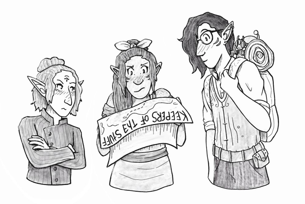 A black and white drawing of three pointy eared characters looking at a map. A small wingless dragon sits on one characters shoulder.