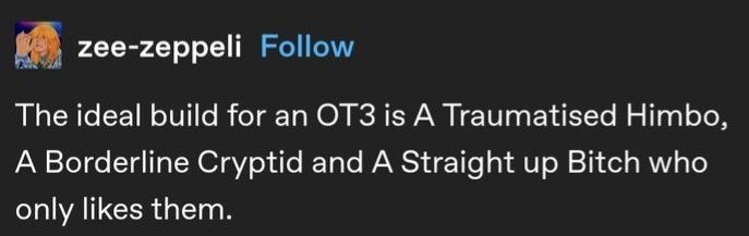 a tumblr post that reads; "The ideal build for an OT3 is A Traumatized Himbo, A Borderline Cryptid, and A Straight up Bitch who only likes them." 