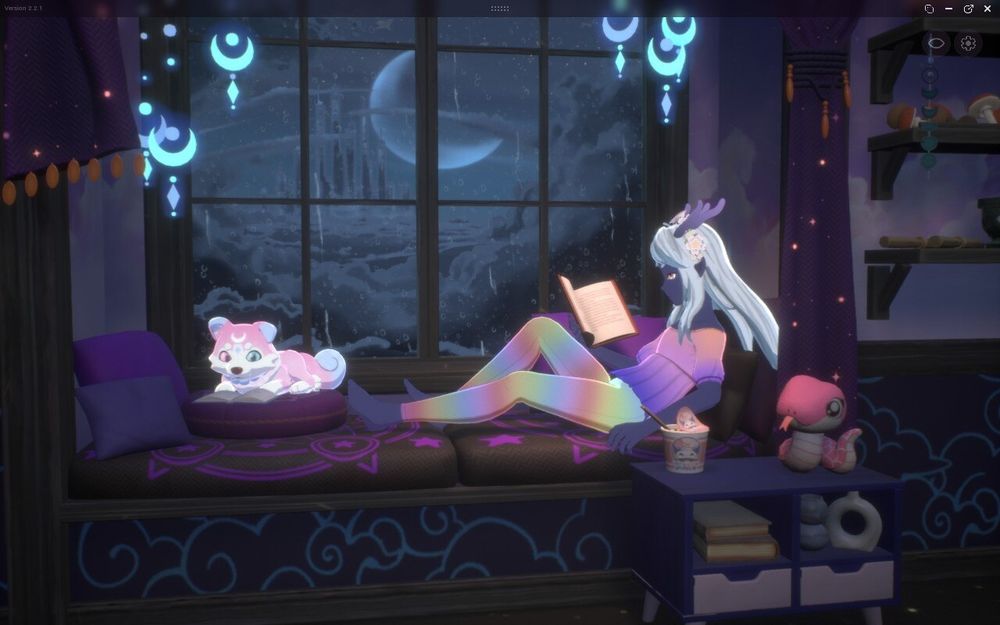 screenshot from spirit city: lofi sessions of a dark blue dragon person dressed in rainbows chilling in the bay window. it's rainy outside and there's a moon wolf at thier feat in the white/pink/blue colorway.