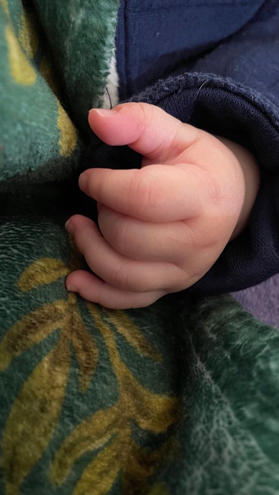 Close up of a baby’s hand with a blue sleeve and green blanket with leaves. 