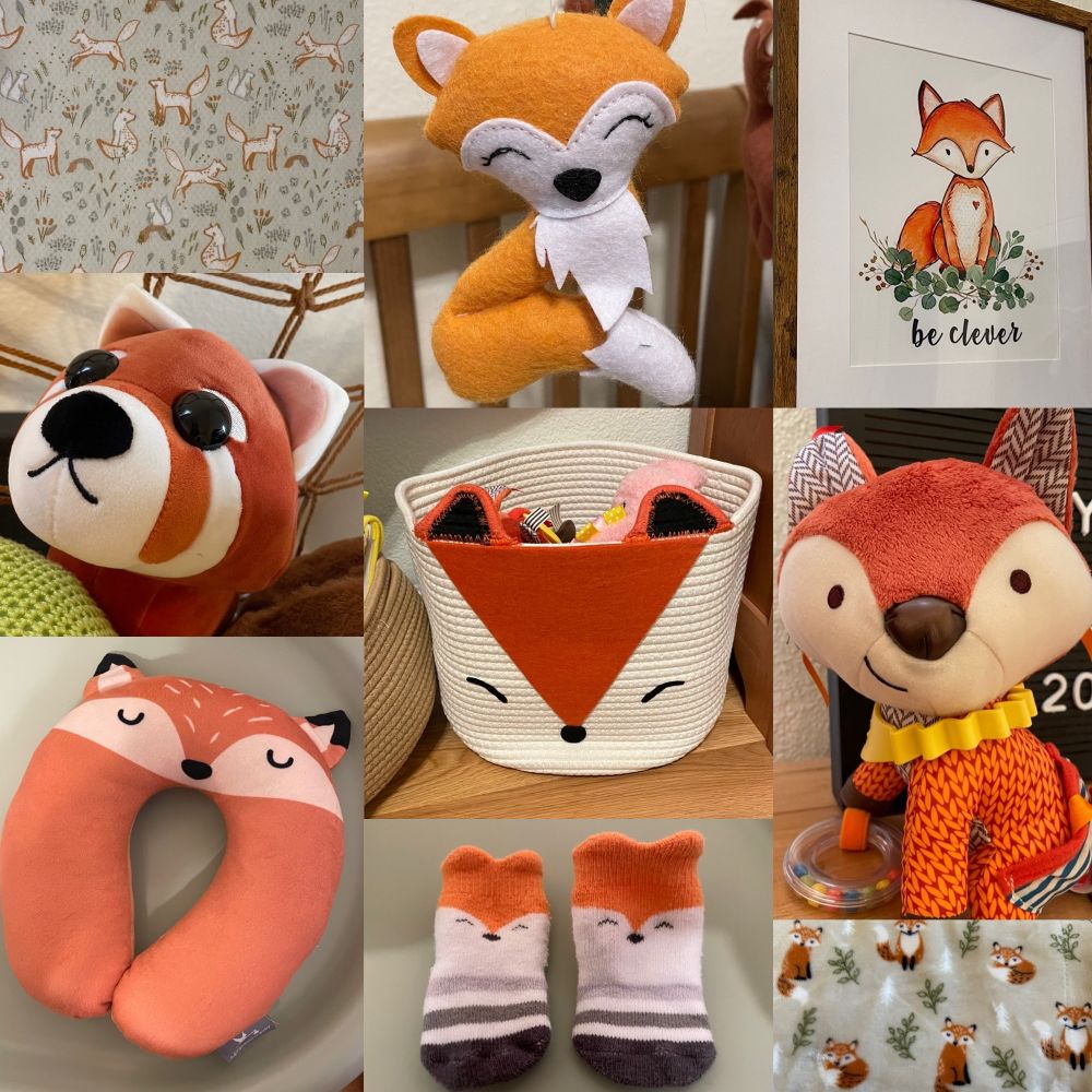 9 photo collage of fox baby nursery items. Left to right: save colored sheet with foxes in it, a felt fox on a mobile, a framed watercolor fox that says “be cleaver”, a fox stuffie, a fox rope basket filled with toys, a fox sensory baby toy, a fox baby neck pillow, fox baby socks, and a fox blanket.