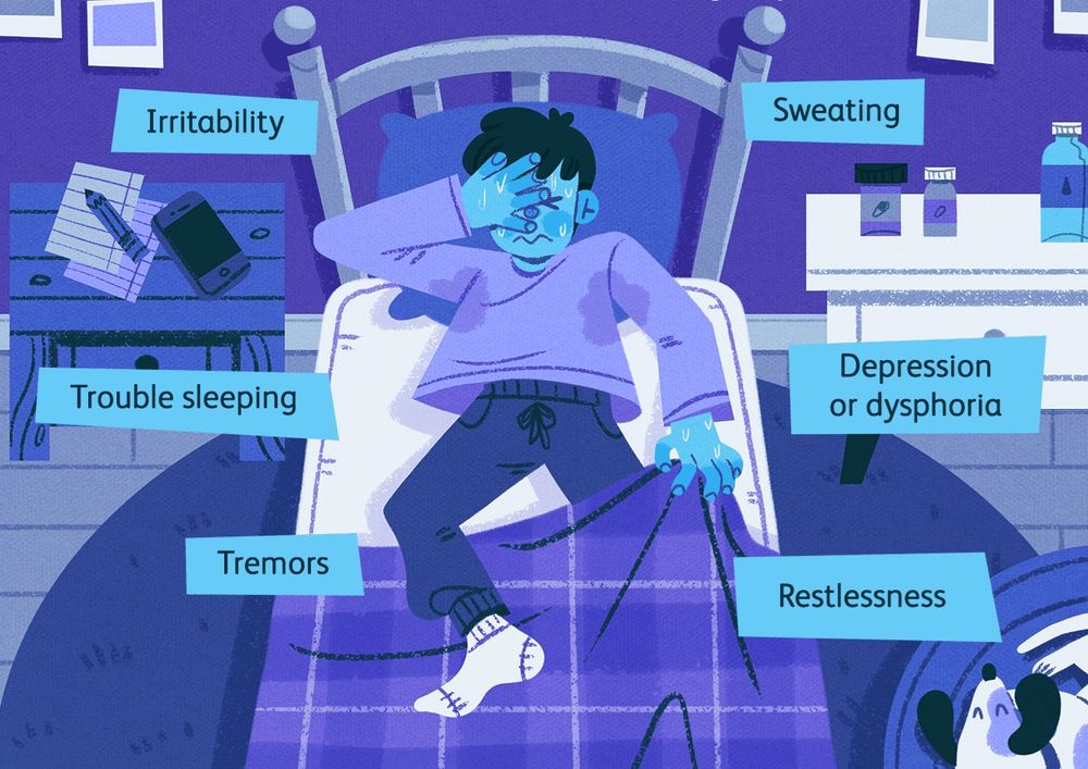 Cartoon-y illustration of a guy on a bed, surrounded by common symptoms of withdrawal: irritability, sweating, trouble sleeping, depression or dysphoria, tremors, restlessness