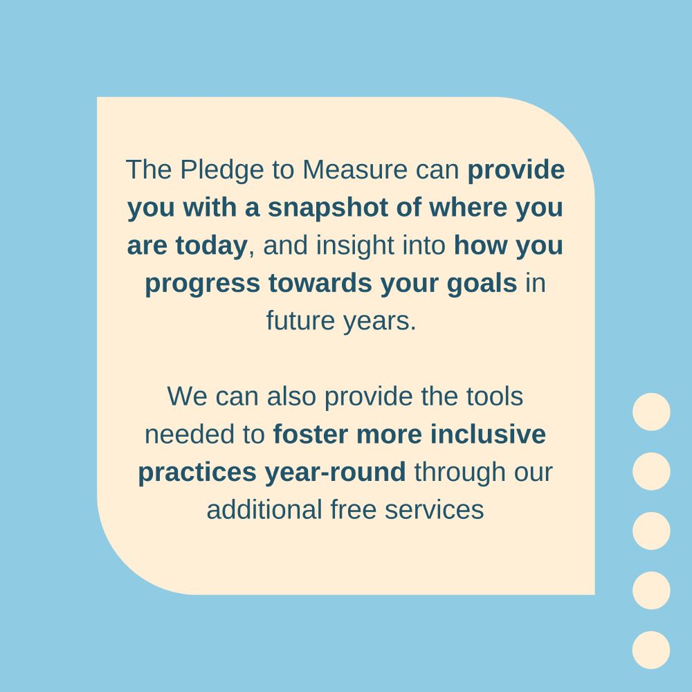 The Pledge to Measure can provide you with a snapshot of where you are today, and insight into how you progress towards your goals in future years. 

We can also provide the tools needed to foster more inclusive practices year-round through our additional free services.