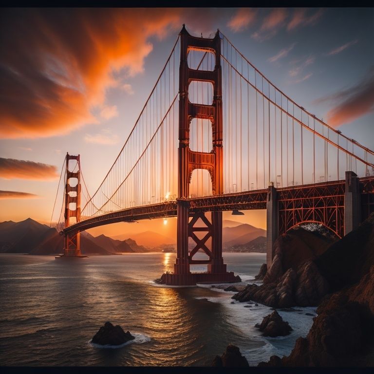 the golden gate bridge is lit up at night, golden gate, golden gate bridge, golden gates, photograph of san francisco, metallic bridge, elegant bridges between towers, bridges, san francisco, epic red - orange sunlight, orange sunset, orange and red sky, orange lit sky, california, orange sky, golden hour photograph, red and orange glow, golden hour photography