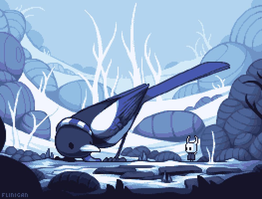 Pixel art of a common magpie at Kingdom's Edge from Hollow Knight
