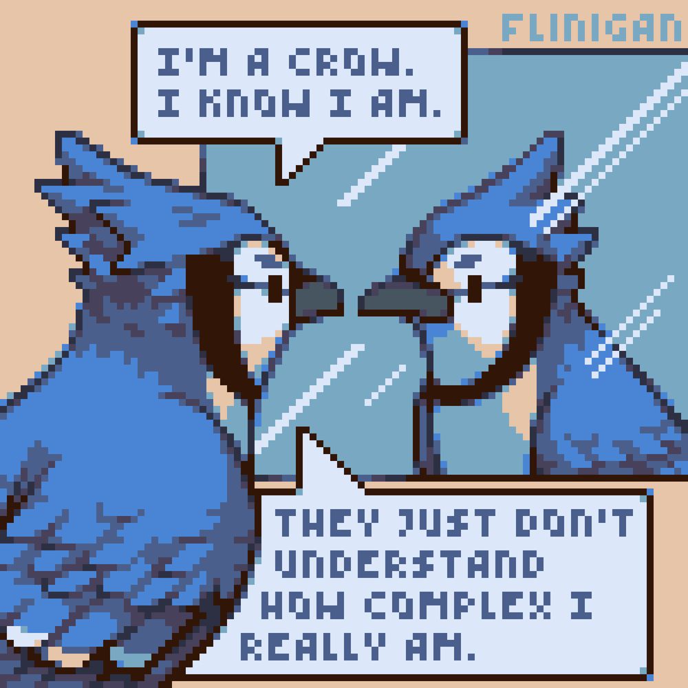 pixel art of a mad blue jay looking into a mirror