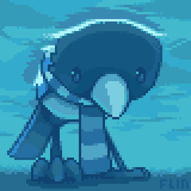 Pixel art of an underwater perspective looking up at a common magpie with a blue and white scarf peeking under shallow water.