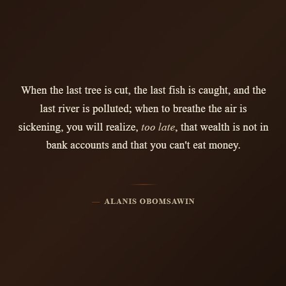 Quote from Alanis Obomsawin:

"When the last tree is cut, the last fish is caught, and the last river is polluted; when to breathe the air is sickening, you will realize, too late, that wealth is not in bank accounts and that you can't eat money."