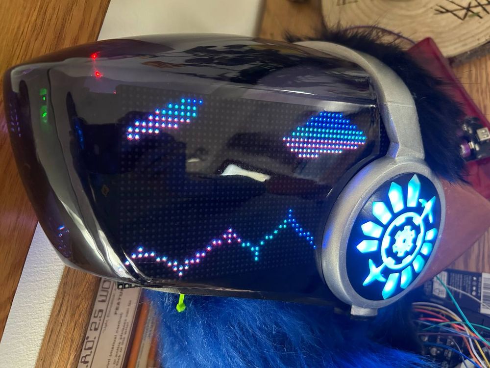 synthwave protogen with complex blue vinyl and blue black fake fur close up at angle