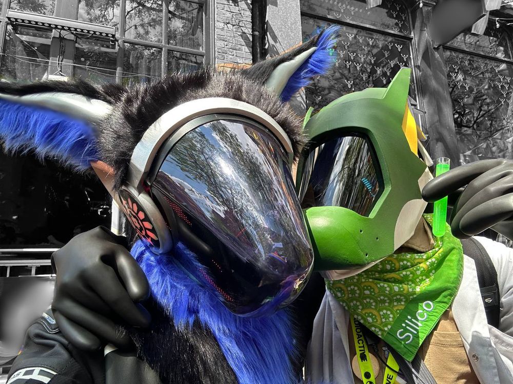 Protogen fursuit with blue black fur, red LED face and side panels and plastics painted bronze and silver standing to the left of a synth fursuit with blue LED face, yellow and green plating. A sunny day and the synth points to the protogen with one hand and wraps arm around the other.