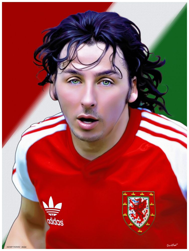 This digitally painted artwork by DarthPunk portrays legendary Welsh international footballer Mickey Thomas in a bold, expressive style that captures both intensity and national pride.

Thomas is shown in a close-up action pose, wearing the classic Adidas Wales kit in bright red with white accents. The vintage dragon crest on his chest anchors the painting in a nostalgic era of Welsh football, reminding viewers of his importance to the national team during his playing career. His slightly open mouth and forward-focused gaze convey determination and energy, as though he’s caught mid-sprint in the heat of the game.

The background blends the red, white, and green of the Welsh flag, angled diagonally to create a sense of motion and vibrancy that complements the player’s dynamic expression. The digital brushwork is smooth yet detailed, from the strands of his dark, windswept hair to the sharp clarity of his eyes, which draw the viewer in as a focal point.

DarthPunk’s technique highlights both realism and stylisation—the likeness is instantly recognizable, but the clean textures and bold contrasts give the portrait a modern, poster-like aesthetic.