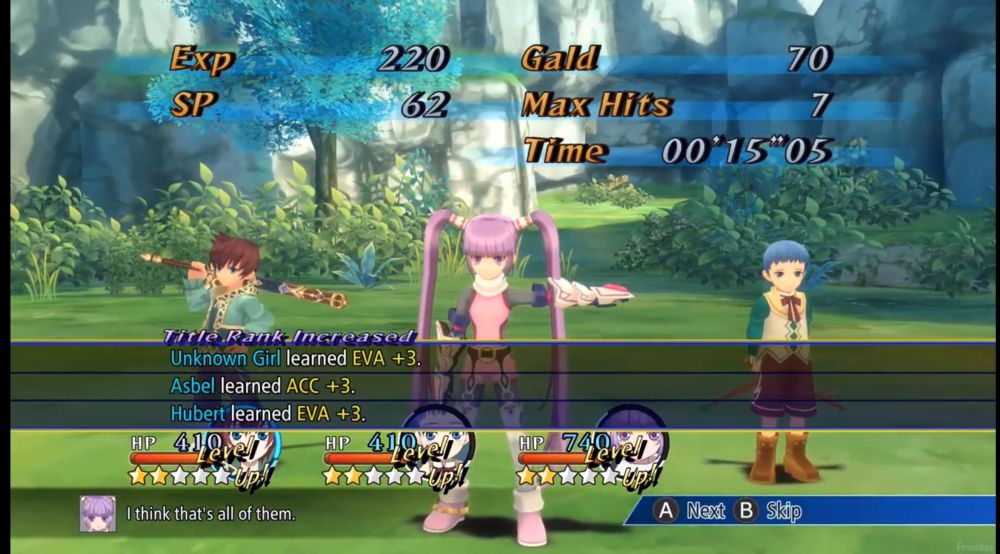 Battle victory screen showing Asbel, Hubert, and Sophie gaining Exp, SP, Gold, Max Hit combo, and time beaten. All of them are getting level ups.