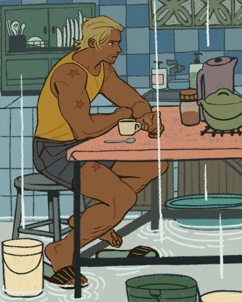 one piece fan-art: illustration of Paulie at home in his kitchen, sitting grimly at the dining table, surrounded by buckets collecting the rainwater leaking in. he is up to his toes in floodwater.
