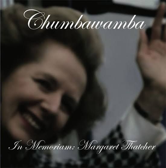 The cover image of Chubawamba's EP in memoriam, featuring a pic of Margaret Thatcher waving her hand at the viewer