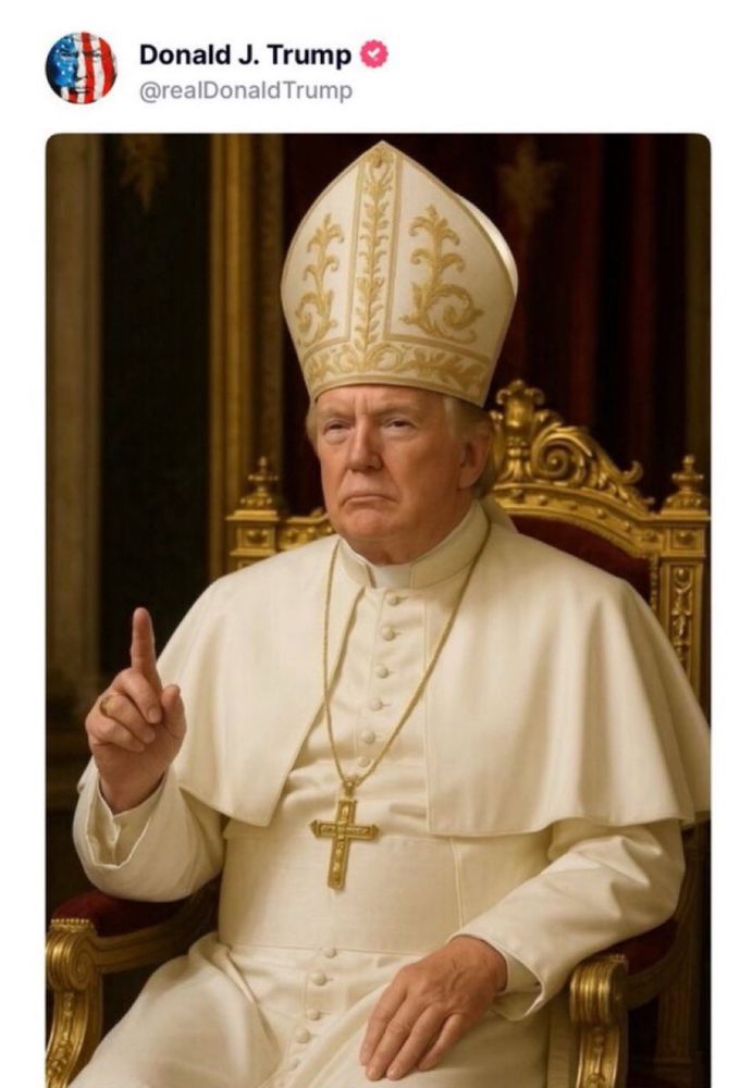A.I. generated photo of Donald Trump dressed as the Pontiff seated on his throne. Photo was posted on the X-Twitter @realDonaldTrump account. 