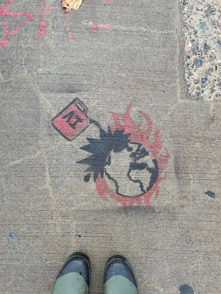 Graffiti displaying AI as a canister of gasoline accelerating the burning down of our livelihood 
