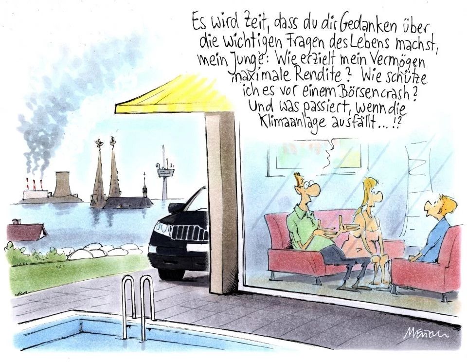 Cartoon: Eltern erklären ihrem Kind dass vor lauter Geld verdienen keine Zeit war es zu beschützen. 