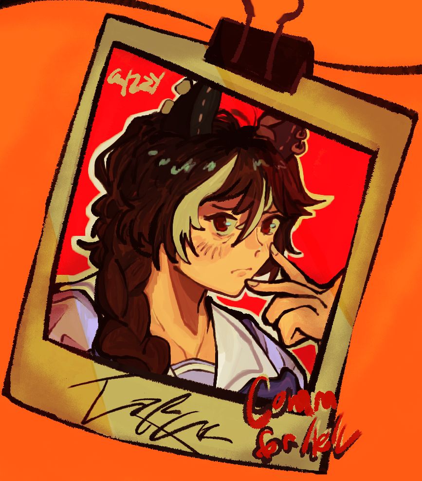 A polaroid framed headshot containing a character from my client that is an uma musume oc. She has brown hair, one large braid, white streaks and red irises wearing the standard school uniform.

The polaroid is signed with the character's handwritten signature that says "Trick"