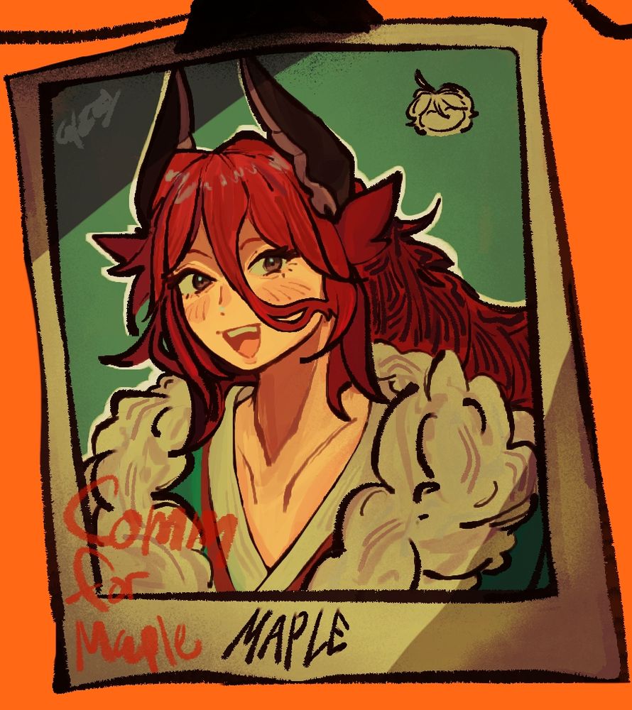 another polaroid headshot of a monster hunter oc belonging to my client "Maple" hence the handwritten signature on the frame. 

Red hair, black horns, fluffed up neck coat. She is happy.
