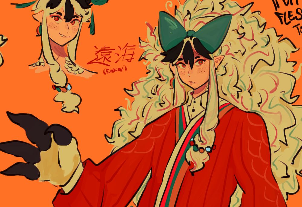 A fullbody drawing cropped to a bust/halfbody, featuring an OC of mine named "Enkai" on her right is a headshot of her and also handwriting (done with a mouse) of her name 