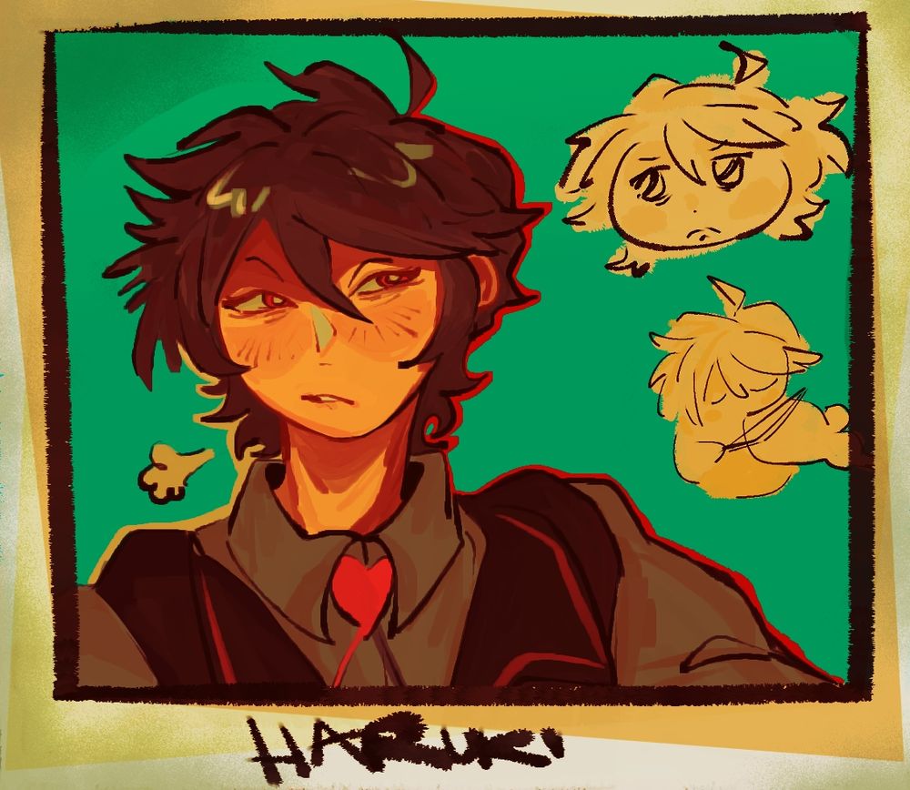 A Bust of my oomf @Tereladea's OC Haruki looking very frustrated accompanied by chibis of himself.
