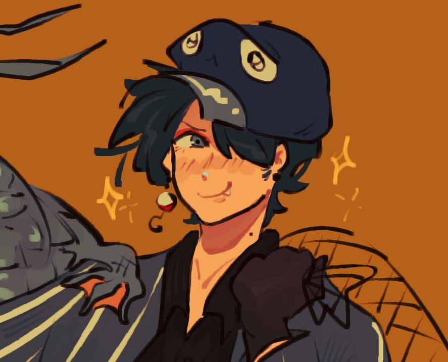 The image is a headshot of a boy with blue hair covering his left eye and a cap. 

His earring is designed like a fish bobber

His left arm is grasping a net 

On his right out of view is his pet sea monster named "Charybdis"