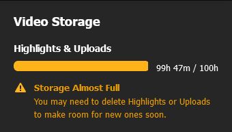 DeciSpark's Video Storage meter, showing that 99 hours 47 minutes out of 100 hours is used. Under it, there is a warning that says "Storage Almost Full: You may need to delete Highlights or Uploads to make room for new ones soon.