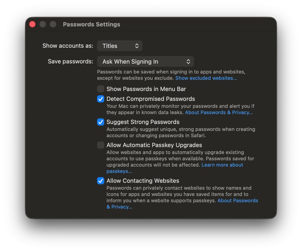 Apple Passwords settings dialog including option to disable automatic passkey creation. 