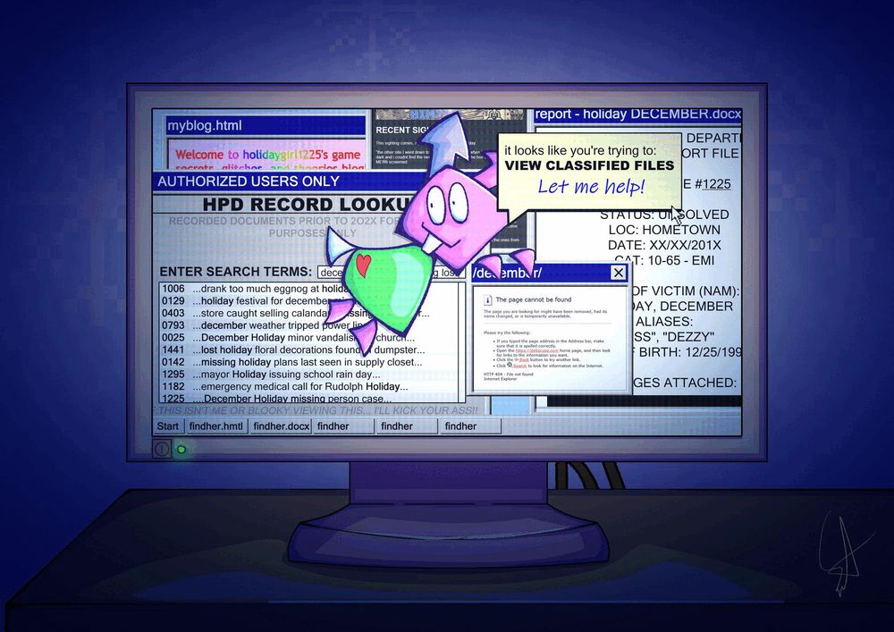 An animated gif of a pink computer screen. It's filled with fruitless pages about a missing 'December Holiday'. A virovirokun from Deltarune is happily holding a window labelled 'december' saying;

"It looks like you're trying to VIEW CLASSIFIED FILES
Let me help!"