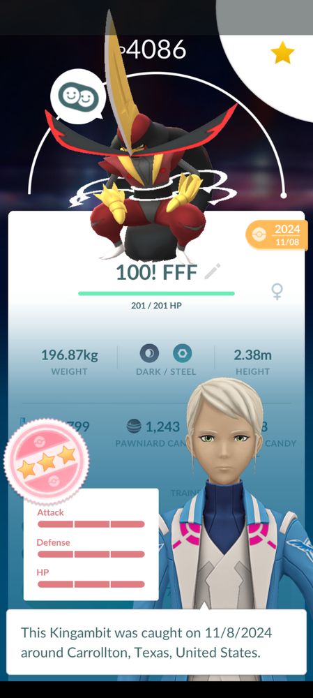 Pokemon Go maxed out 100% Kingambit from main account on Team Mystic (blue/Articuno)