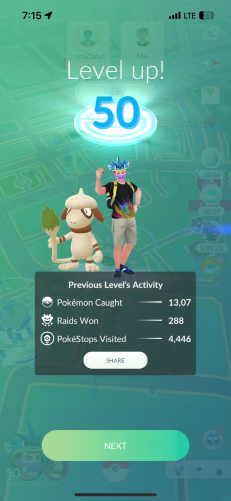 Pokemon Go level 50 progress screen for my second account, showing 13,07(number cut off) Pokemon caught, 288 raids won, and 4,446 PokeStops visited