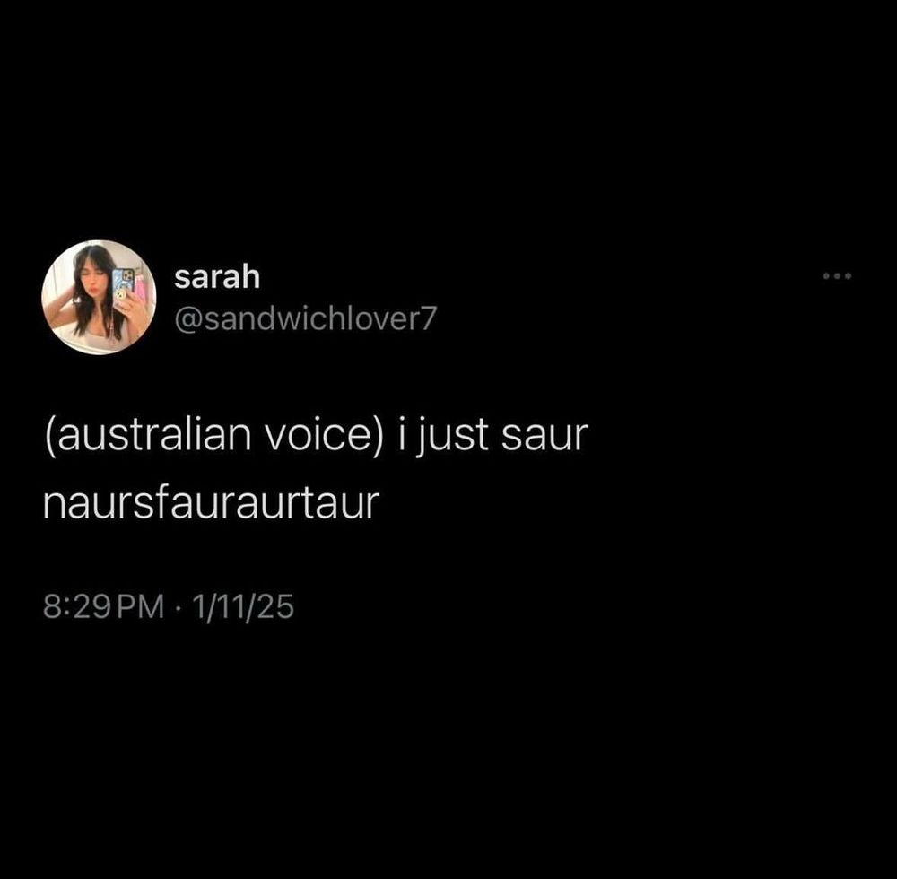 Screenshot of a tweet from sara @sandwichlover7 at 8:29 PM on January 11, 2025: (Australian voice) i just saur naursfauraurtaur