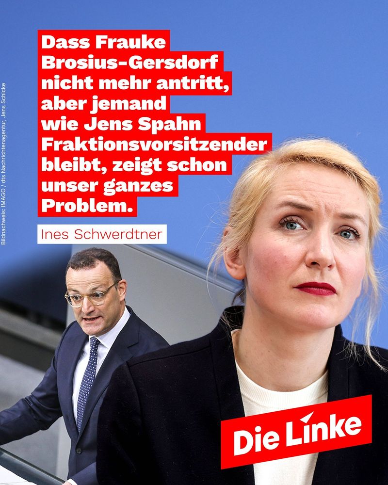 Dass Frauke Brosius-Gersdorf nicht mehr antritt, aber jemand wie Jens Spahn Fraktionsvorsitzender bleibt, zeigt schon unser ganzes Problem.

Ines Schwerdtner