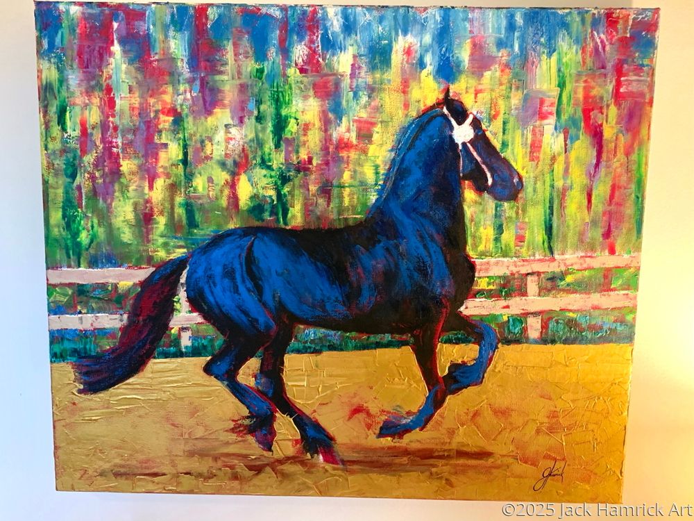 Impressionistic painting of a Friesian in front of a colorful background.