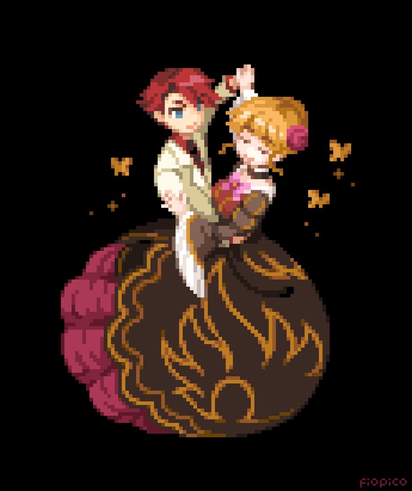 Pixel drawing of Beatrice and Ushiromiya Battler from the game Umineko no Naku Koro Ni. They are dancing.