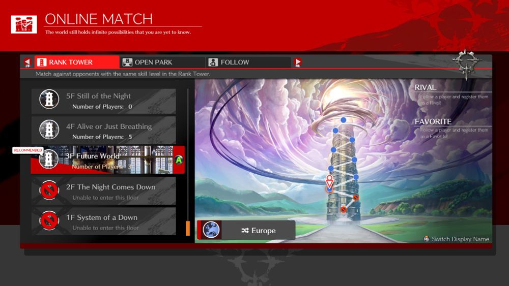 Écran de sélection de l'étage de lobby ranked sur guilty gear strive, les 2 premiers sur 10 sont bloqués car je suis vachement trop forte !