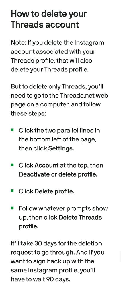 Instructions on how to delete your threads account from the article linked.