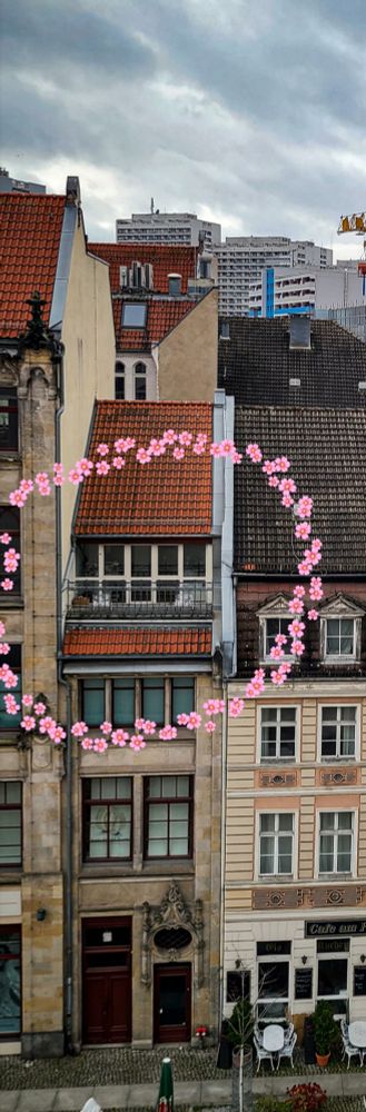 Teilausschnitt des anderen Fotos. Im Fokus ein schmales Haus mit der Breite von 2 Fenstern. Unterm Dach in dieser Breite kleine Terrasse.