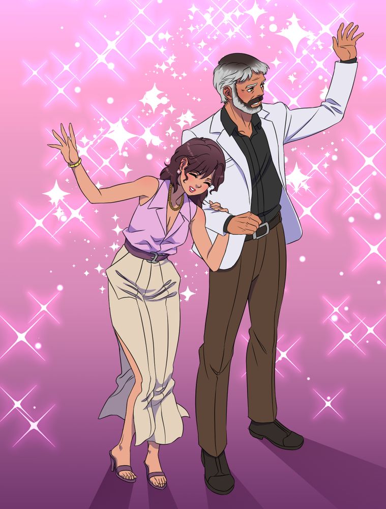 Amarysa and Castelon Ember wave to an unseen crowd, sparkles shine around them.