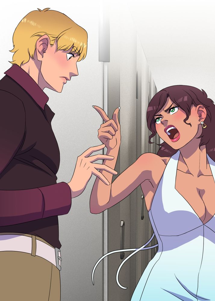 In a white bathroom, Amarysa Ember points her finger accusatorily at Robin, her mouth is open as if yelling at him.