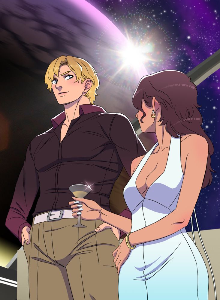 Amarysa, while holding a fancy cocktail, looks over her shoulder at Robin, a tall blonde man. Through the large viewport behind them, a planet and starscape can be seen.