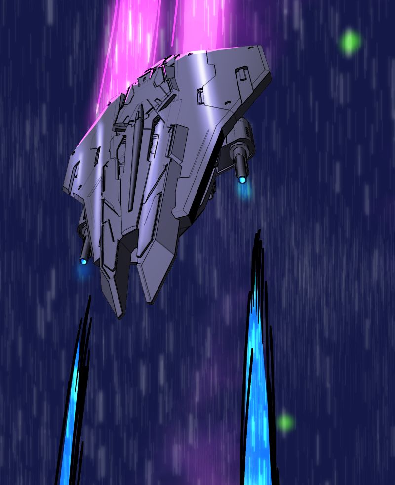 a space fighter drone flies through space, firing blue lasers at an unseen target.