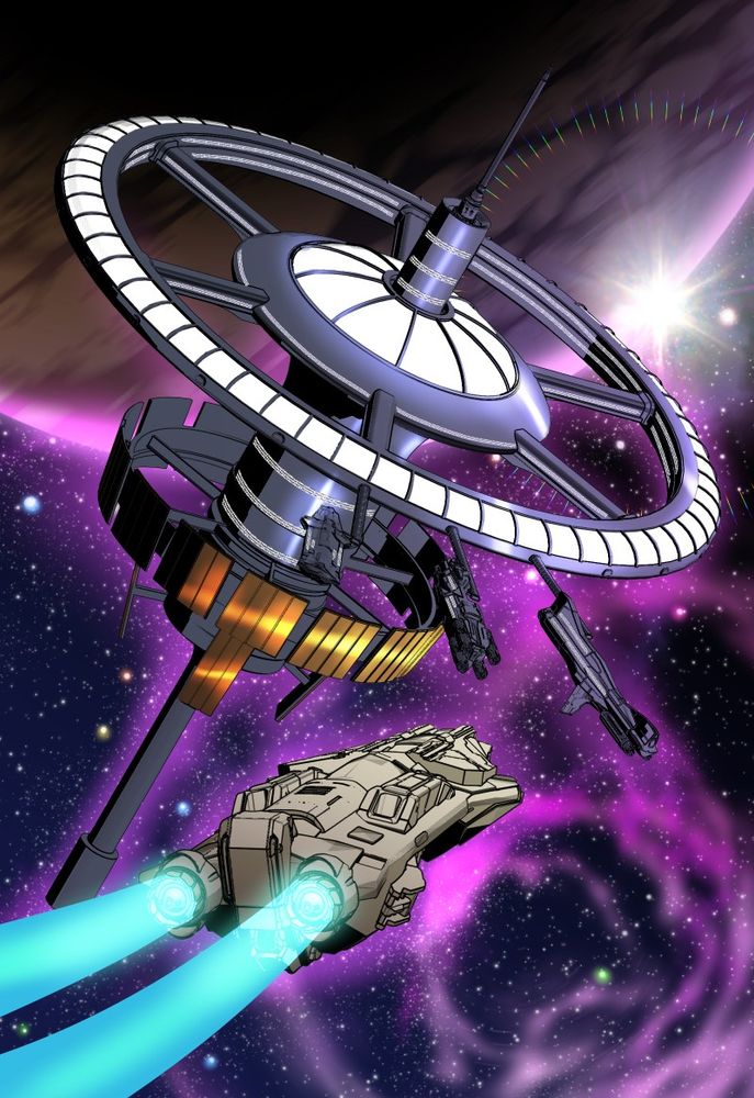 A space station with a habitable ring around a long central shaft. Behind the station is a planet and starscape. In the foreground, a spaceship flies towards the station. Other ships are already docked to the station's ring.