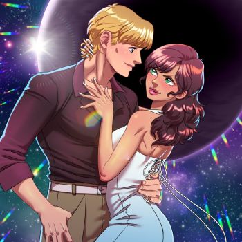 Robin, a blonde man in a maroon dress shirt, uses one arm to embrace Amarysa Ember, a red headed women in a white dress. they smile at each other, Amarysa's smile is more coy. They are framed by a planet and starfield and lensflares behind them.