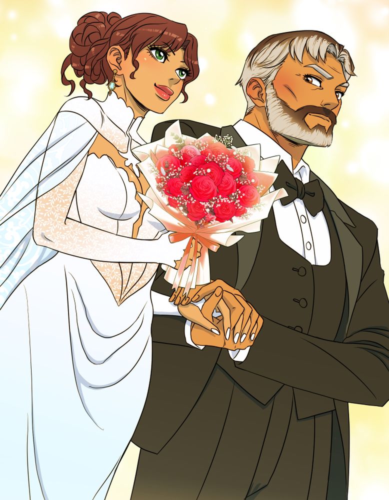 Amarysa and Castelon Ember in their wedding clothes. Amarysa holds a bouquet or red roses.