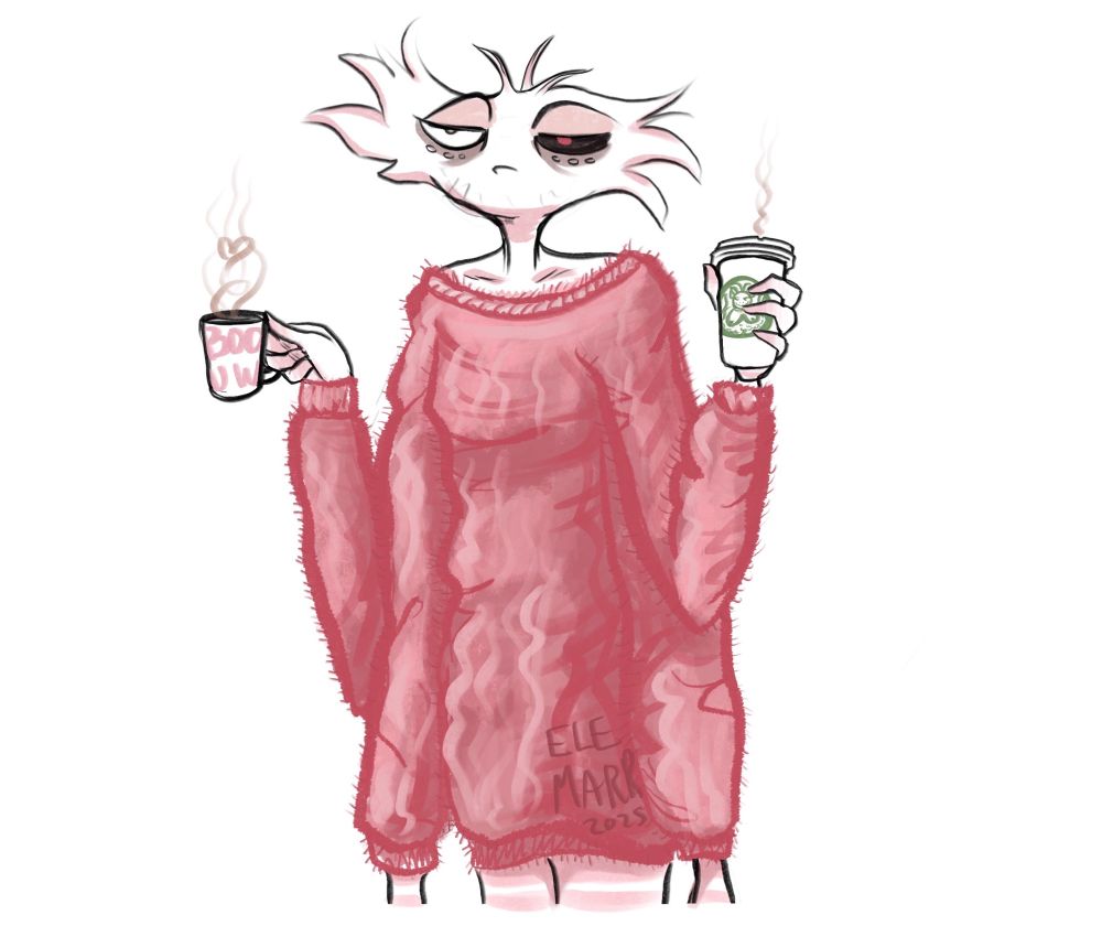 A sketch of Angel Dust not being a morning spider, wearing a fluffy pink oversized sweater and holding two coffees