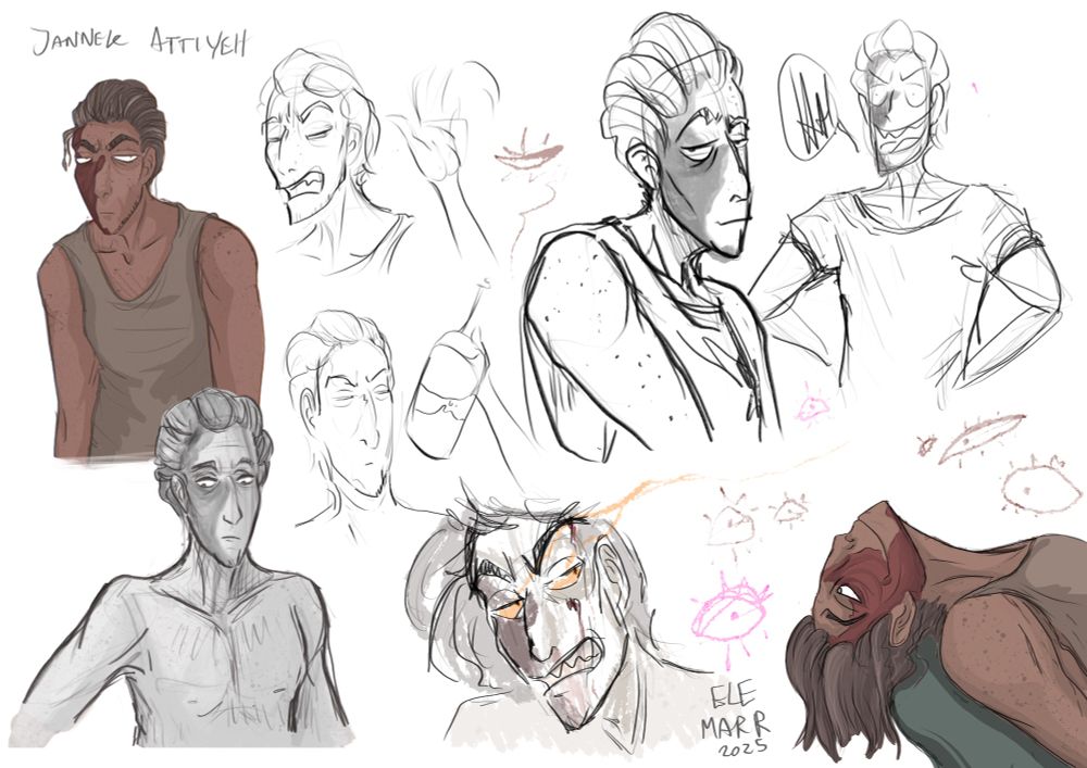 A page of sketches (pencil to colour) of my long-term original character Jannek Attiyeh