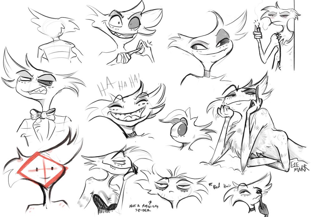 A sheet of digital pencil sketches practicing expressions for Angel Dust from Hazbin Hotel
